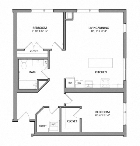 Floor plan for 2 beds, 1 bath, 905 sqft